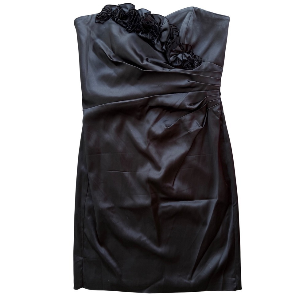 White House Black Market Black Strapless Satin Cocktail Dress Ruffle Trim, 12